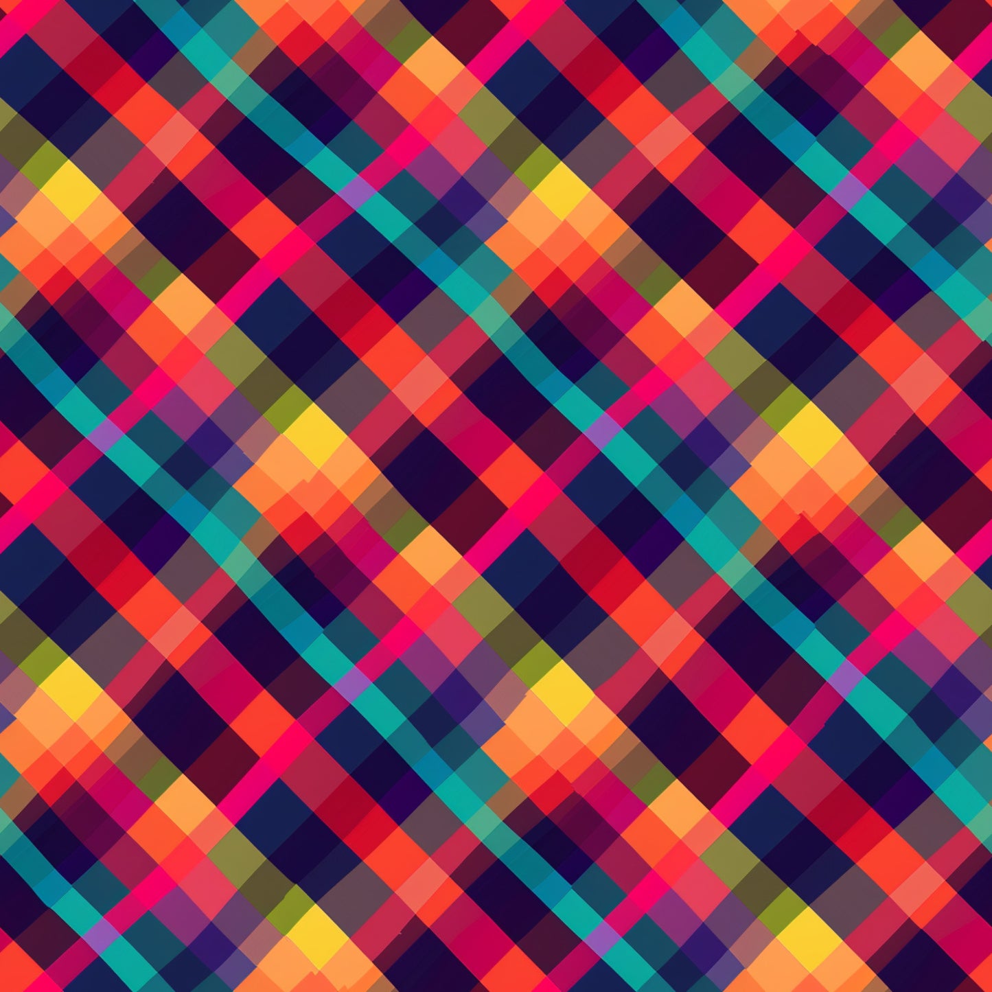 neon pink, electric blue, bright orange, vibrant yellow, teal, purple, magenta, lime green, geometric pattern, diagonal plaid, checkered design, overlapping squares, pixel art style, digital aesthetic, modern gingham, bright colors, high contrast, contemporary pattern, quilting cotton, fabric panel