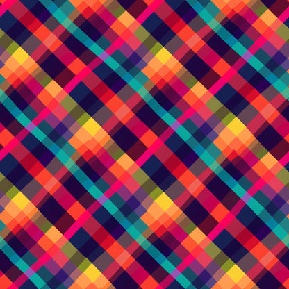neon pink, electric blue, bright orange, vibrant yellow, teal, purple, magenta, lime green, geometric pattern, diagonal plaid, checkered design, overlapping squares, pixel art style, digital aesthetic, modern gingham, bright colors, high contrast, contemporary pattern, quilting cotton, fabric panel
