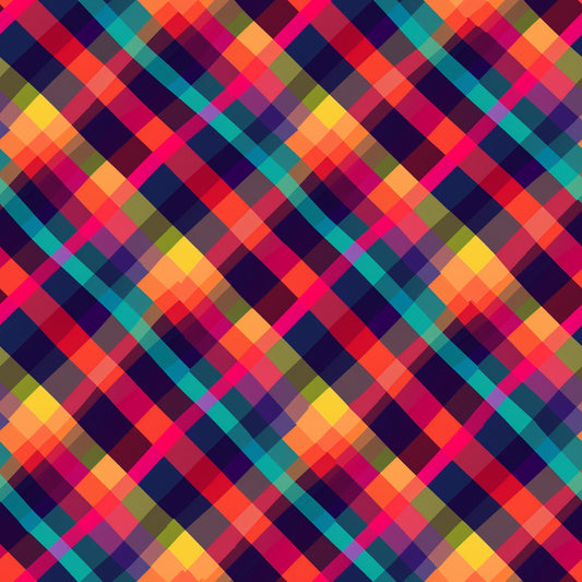 neon pink, electric blue, bright orange, vibrant yellow, teal, purple, magenta, lime green, geometric pattern, diagonal plaid, checkered design, overlapping squares, pixel art style, digital aesthetic, modern gingham, bright colors, high contrast, contemporary pattern, quilting cotton, fabric panel