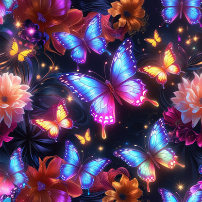 butterflies, fantasy, magical, vibrant colors, blue wings, purple wings, orange flowers, pink flowers, yellow accents, floral pattern, luminous, glowing effects, starlight, sparkles, iridescent, tropical blooms, whimsical, dreamy, quilting cotton, fabric panel, nature motifs, enchanted garden