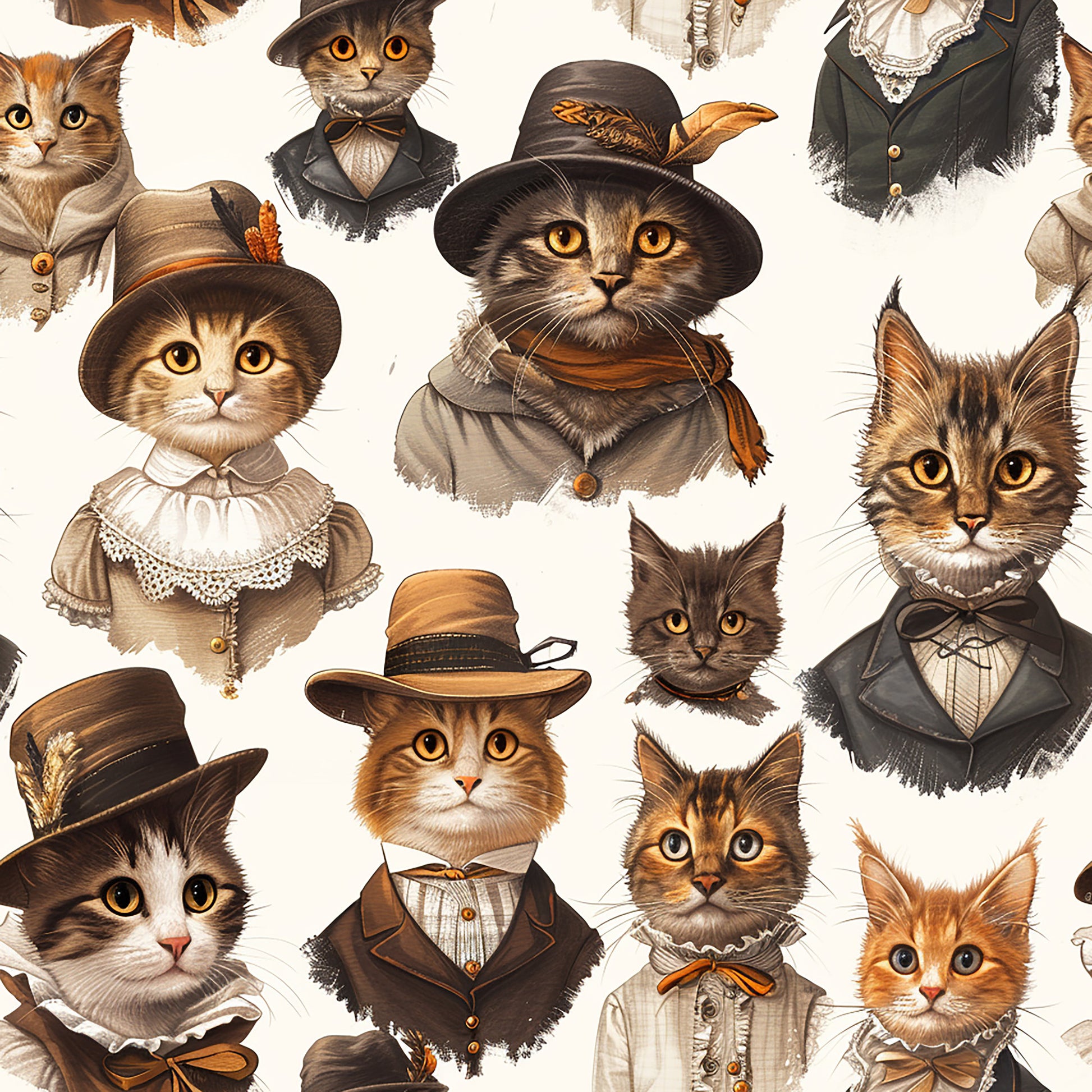 victorian cats, anthropomorphic cats, dressed cats, vintage clothing, period costumes, hats and bonnets, formal attire, cream background, brown tones, orange accents, sepia colors, quilting cotton, fabric panel, whimsical illustrations, detailed portraits, human-like cats, victorian era, nostalgic artwork, charming characters, repeating pattern
