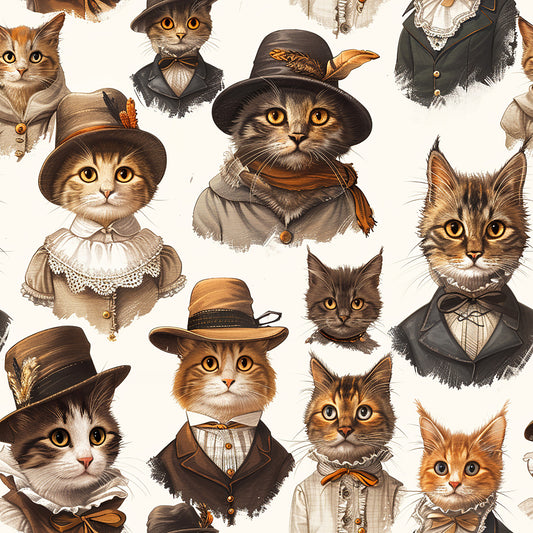 victorian cats, anthropomorphic cats, dressed cats, vintage clothing, period costumes, hats and bonnets, formal attire, cream background, brown tones, orange accents, sepia colors, quilting cotton, fabric panel, whimsical illustrations, detailed portraits, human-like cats, victorian era, nostalgic artwork, charming characters, repeating pattern