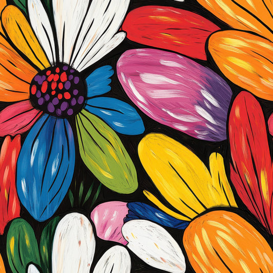 vibrant flowers, floral pattern, rainbow petals, multicolored blooms, orange petals, blue petals, pink petals, yellow petals, red petals, white petals, green petals, purple petals, black background, daisy flowers, abstract floral, contemporary art, quilting cotton, fabric panel, bright colors, painterly style, brushstroke texture, cheerful mood, spring flowers
