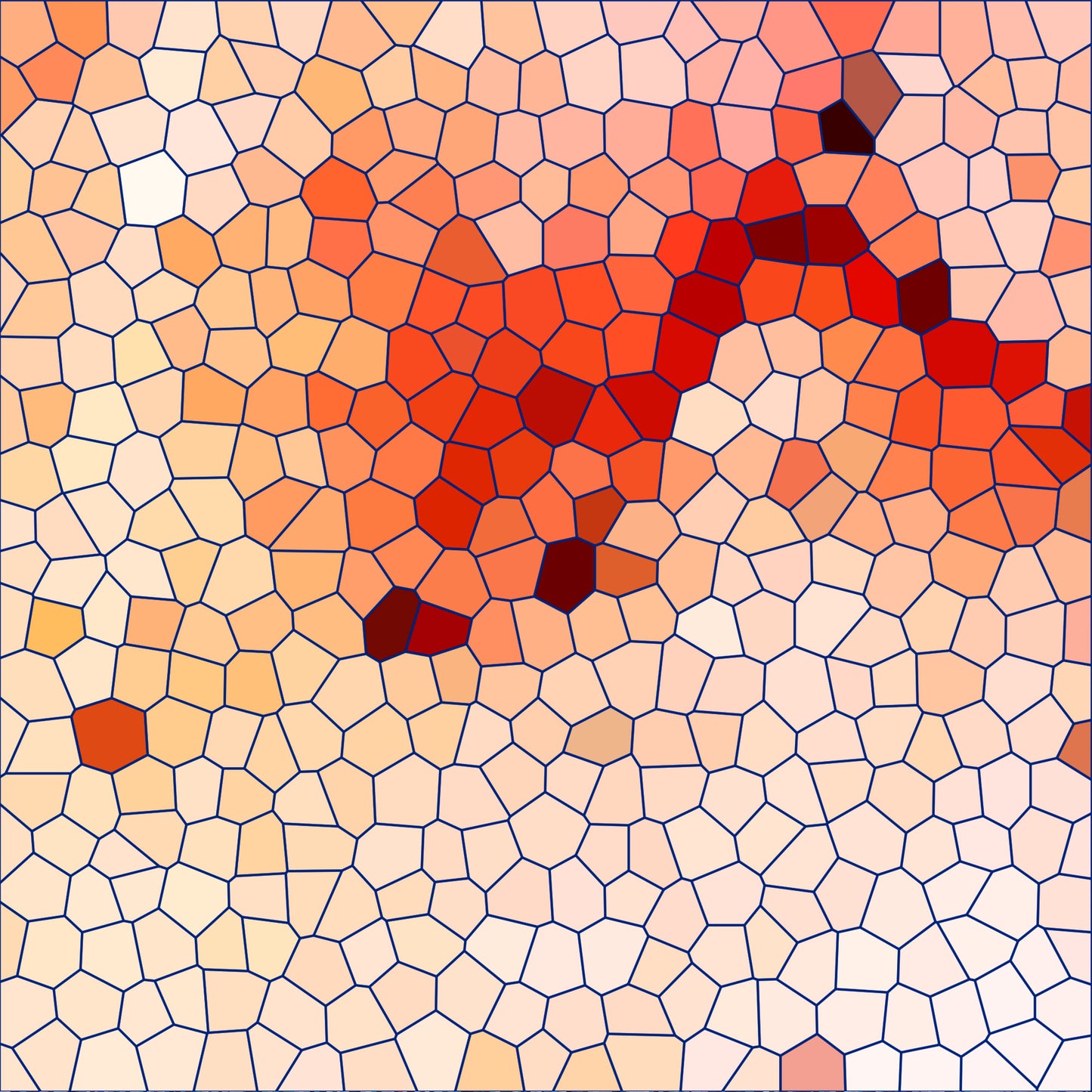 mosaic pattern, geometric design, coral, peach, salmon, burgundy, cream, beige, red-orange, stained glass effect, irregular polygons, heart shape, love theme, romantic, quilting cotton, fabric panel, tessellation, warm tones, abstract art, honeycomb structure