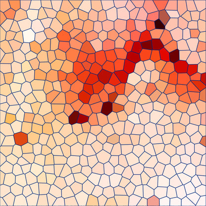 mosaic pattern, geometric design, coral, peach, salmon, burgundy, cream, beige, red-orange, stained glass effect, irregular polygons, heart shape, love theme, romantic, quilting cotton, fabric panel, tessellation, warm tones, abstract art, honeycomb structure