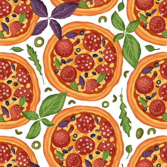 pizza pattern, pepperoni slices, basil leaves, olives, cheese, orange crust, red pepperoni, green herbs, yellow cheese, purple basil, food illustration, italian cuisine, seamless repeat, quilting cotton, fabric panel, kitchen theme, culinary design, cartoon style, bright colors, food motif