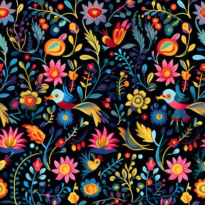 mexican floral, folk art, colorful birds, vibrant flowers, black background, pink blossoms, blue leaves, yellow accents, orange petals, tropical birds, whimsical design, quilting cotton, fabric panel, festive pattern, botanical motifs, decorative florals, bright colors, artistic illustration, nature theme