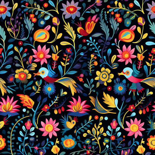 mexican floral, folk art, colorful birds, vibrant flowers, black background, pink blossoms, blue leaves, yellow accents, orange petals, tropical birds, whimsical design, quilting cotton, fabric panel, festive pattern, botanical motifs, decorative florals, bright colors, artistic illustration, nature theme
