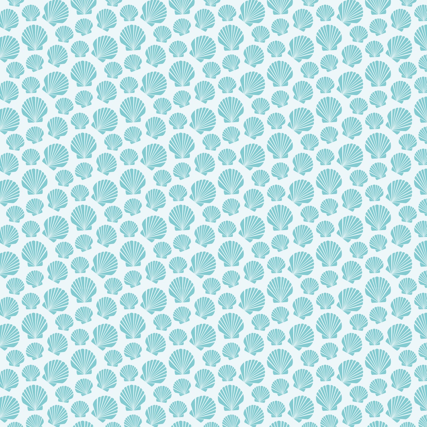 aqua, turquoise, teal, white, seashells, scallop shells, nautical pattern, ocean theme, marine motifs, repeating design, beach vibes, coastal style, quilting cotton, fabric panel, sea life, shell pattern, geometric arrangement, maritime, underwater theme, tropical feel