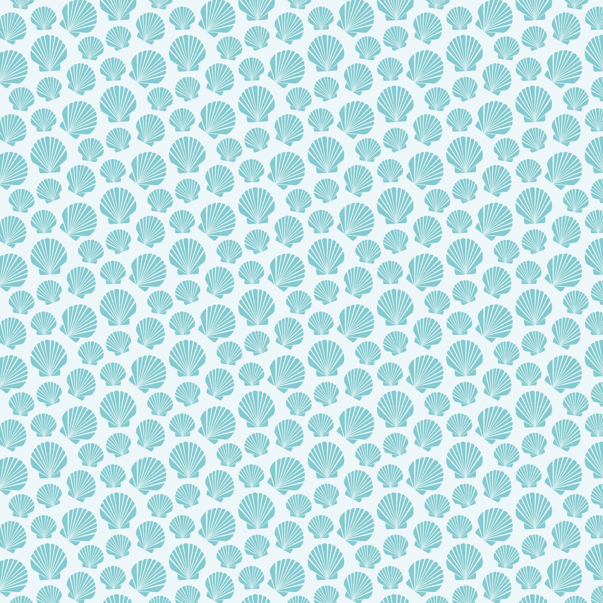 aqua, turquoise, teal, white, seashells, scallop shells, nautical pattern, ocean theme, marine motifs, repeating design, beach vibes, coastal style, quilting cotton, fabric panel, sea life, shell pattern, geometric arrangement, maritime, underwater theme, tropical feel