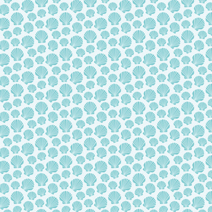 aqua, turquoise, teal, white, seashells, scallop shells, nautical pattern, ocean theme, marine motifs, repeating design, beach vibes, coastal style, quilting cotton, fabric panel, sea life, shell pattern, geometric arrangement, maritime, underwater theme, tropical feel