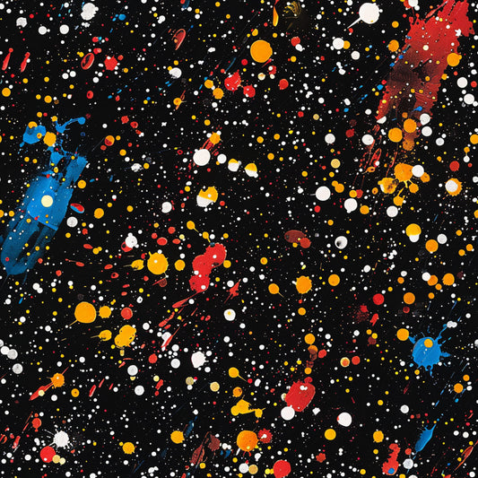 black background, paint splatter, multicolor dots, red paint, blue paint, yellow paint, white paint, orange paint, abstract pattern, artistic design, contemporary style, splatter effect, colorful spots, modern art, quilting cotton, fabric panel, vibrant colors, random placement, geometric circles, crafting material