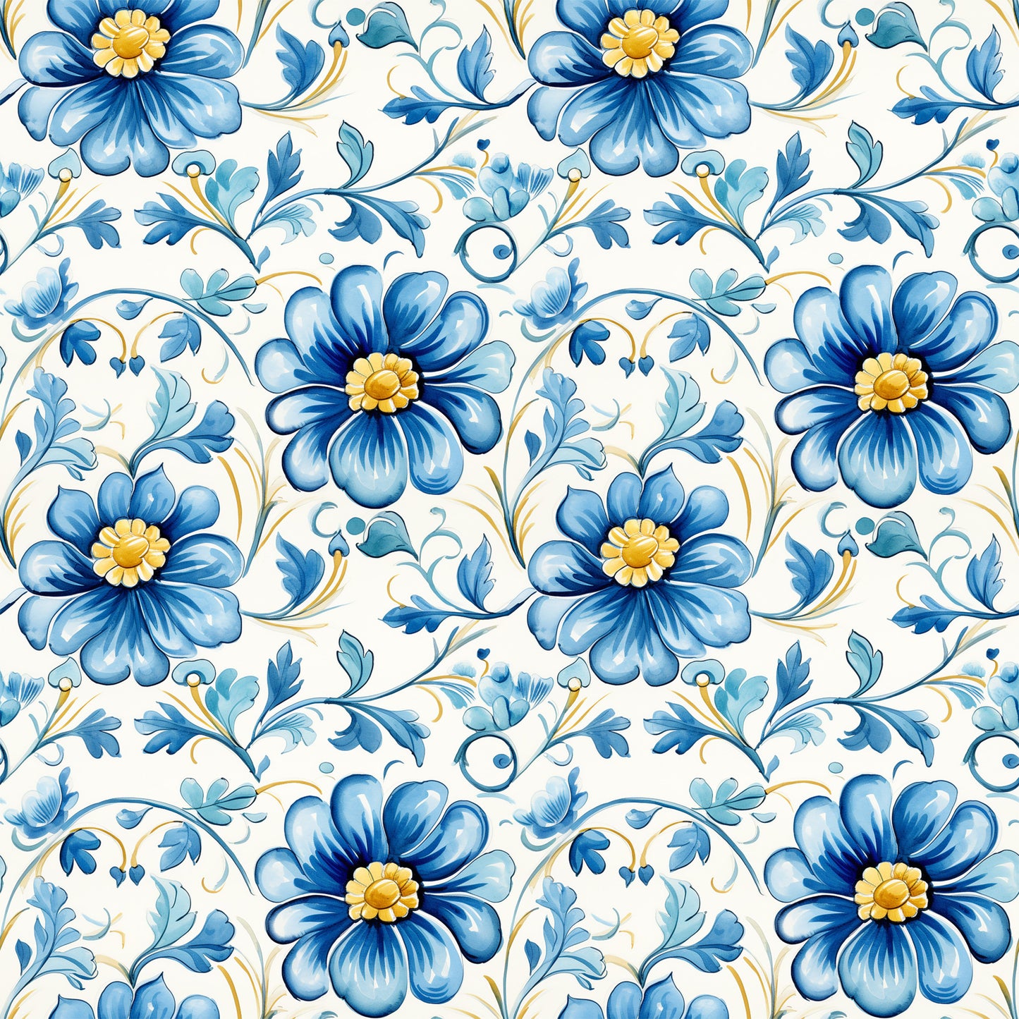 blue, white, yellow, floral pattern, handpainted tiles, ceramic style, botanical design, decorative flowers, scrollwork, ornamental vines, portuguese tiles, mediterranean style, quilting cotton, fabric panel, delft blue, folk art, repeating pattern, cottage core, vintage inspired, artisan crafted