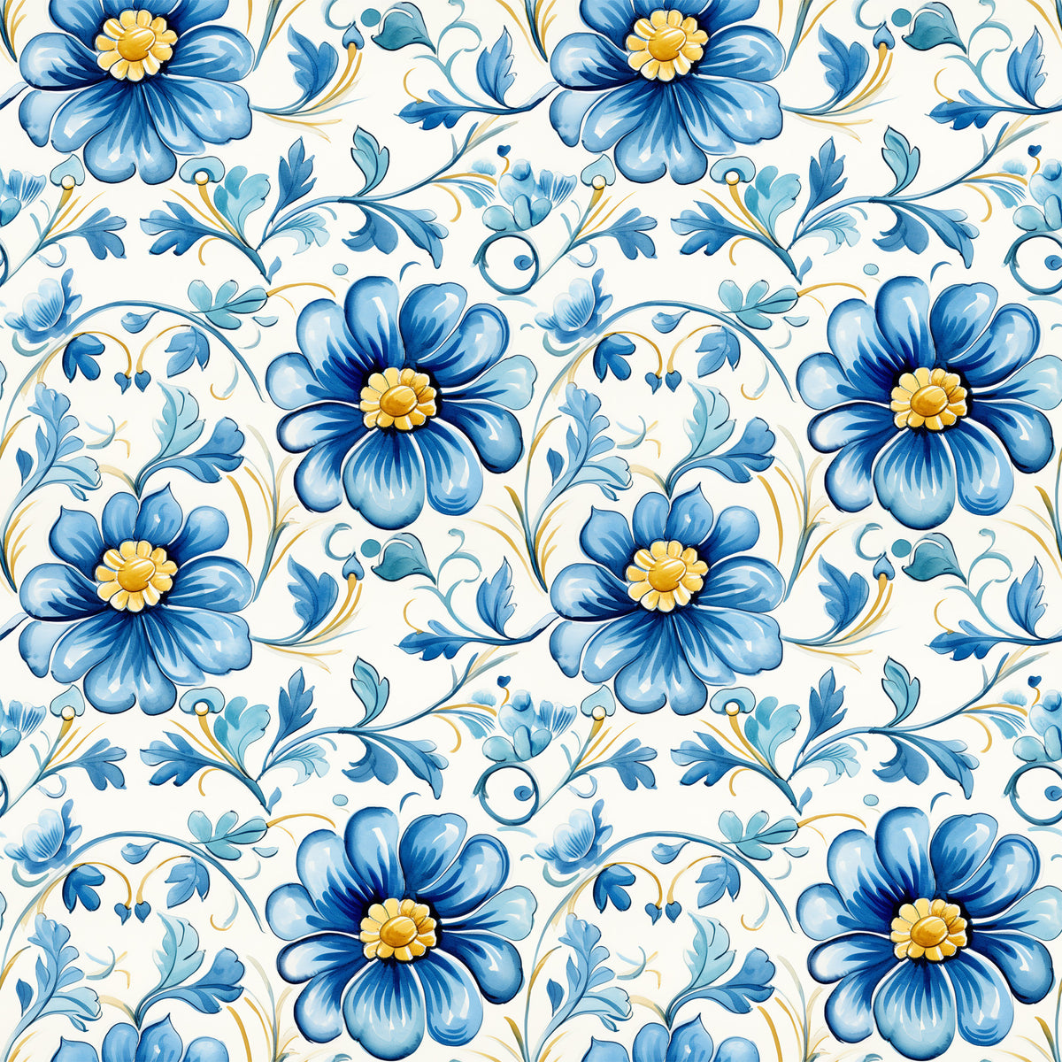 blue, white, yellow, floral pattern, handpainted tiles, ceramic style, botanical design, decorative flowers, scrollwork, ornamental vines, portuguese tiles, mediterranean style, quilting cotton, fabric panel, delft blue, folk art, repeating pattern, cottage core, vintage inspired, artisan crafted
