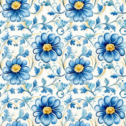 blue, white, yellow, floral pattern, handpainted tiles, ceramic style, botanical design, decorative flowers, scrollwork, ornamental vines, portuguese tiles, mediterranean style, quilting cotton, fabric panel, delft blue, folk art, repeating pattern, cottage core, vintage inspired, artisan crafted