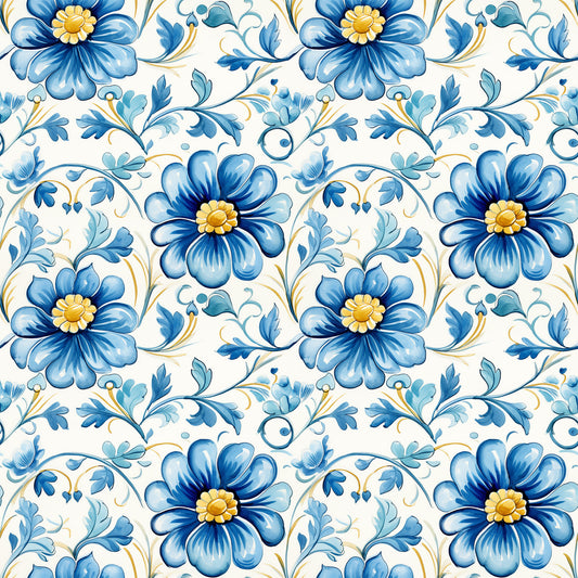 Blue Handpainted Tiles Pattern 5 Quilting Cotton Fabric