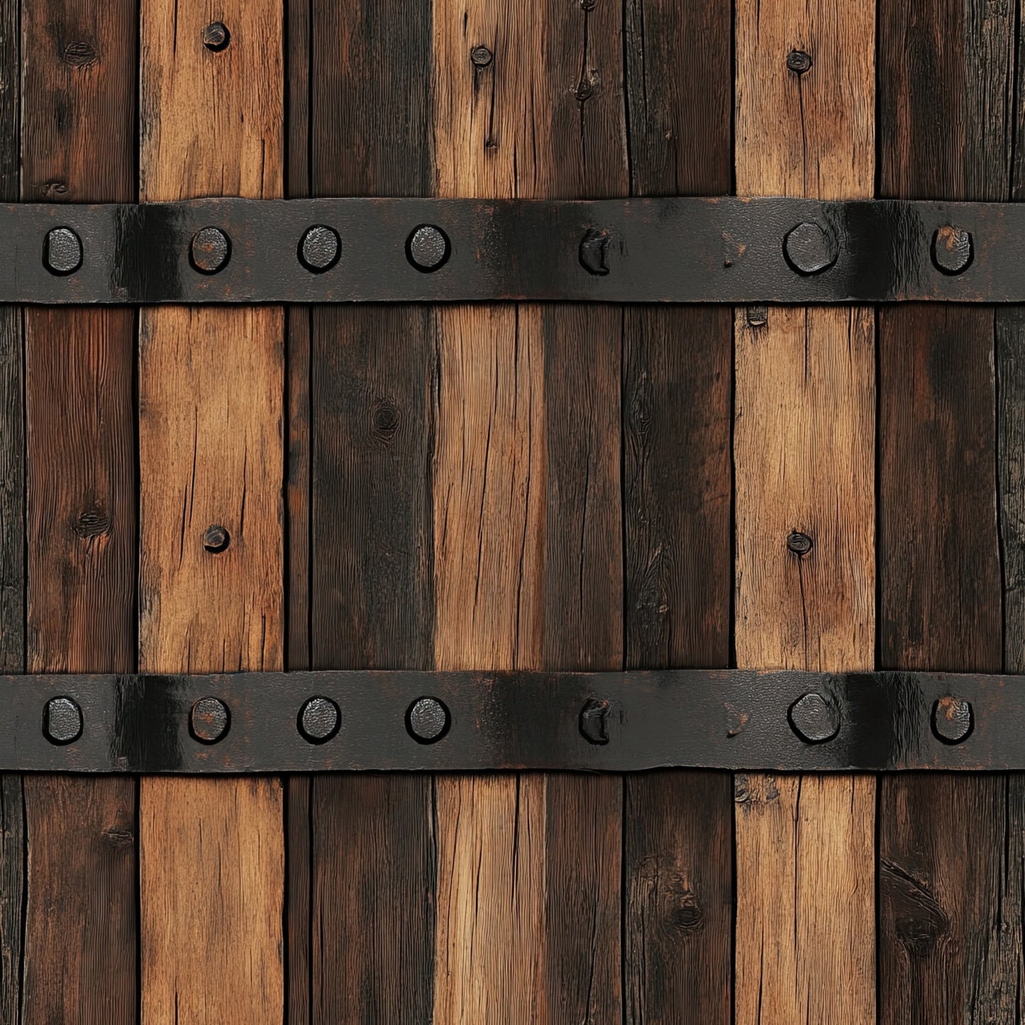 rustic wood, weathered planks, iron bands, barrel staves, brown tones, aged metal, western theme, distressed finish, wood grain, vintage hardware, country style, rustic charm, quilting cotton, fabric panel, americana, frontier style, barnwood texture, metallic accents, rustic brown, weathered appearance