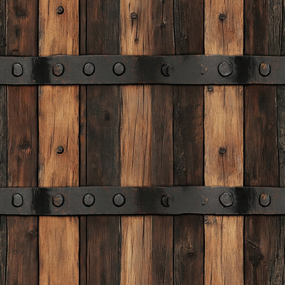 rustic wood, weathered planks, iron bands, barrel staves, brown tones, aged metal, western theme, distressed finish, wood grain, vintage hardware, country style, rustic charm, quilting cotton, fabric panel, americana, frontier style, barnwood texture, metallic accents, rustic brown, weathered appearance