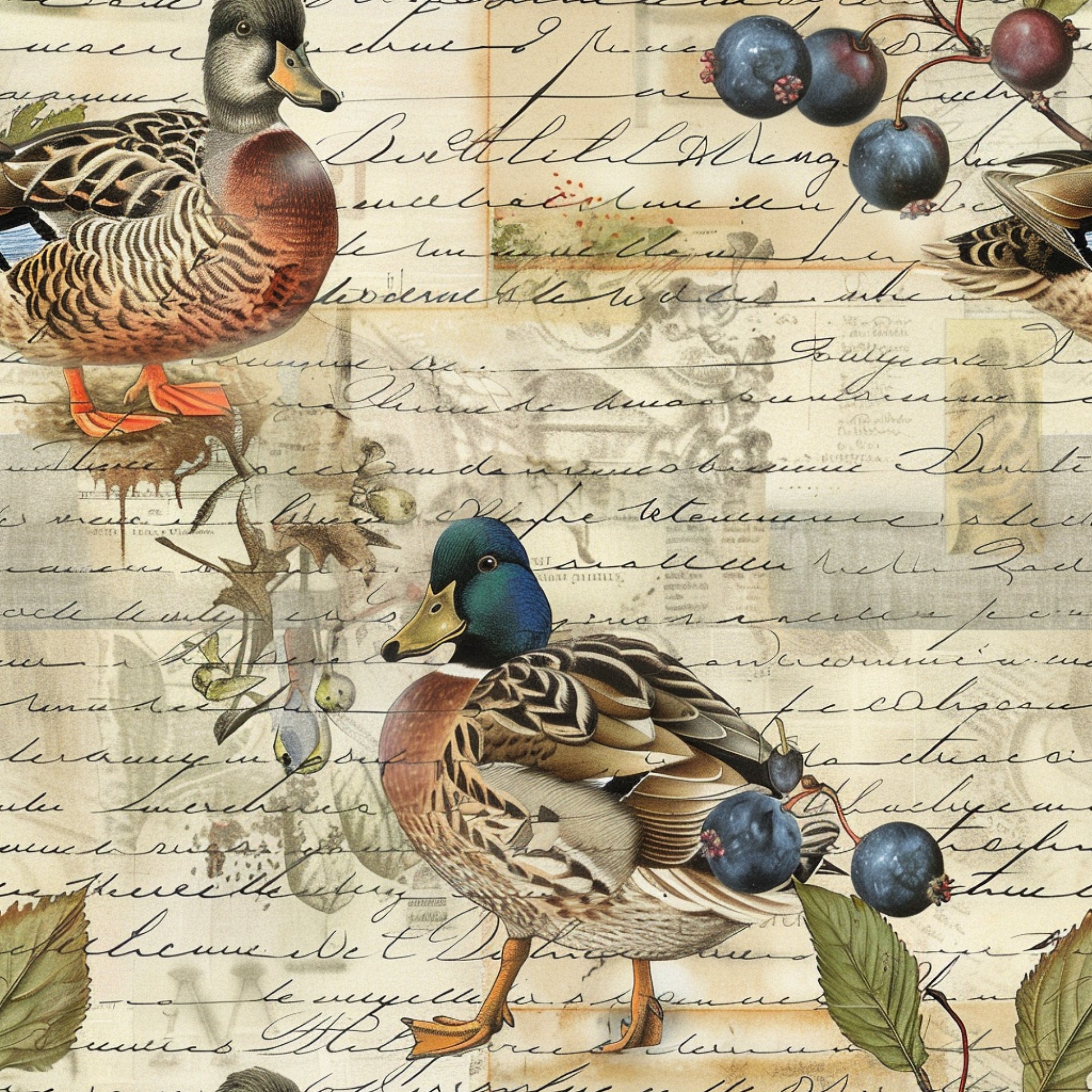 mallard ducks, waterfowl, vintage script, handwritten text, blueberries, botanical elements, brown tones, blue green, orange feet, detailed illustration, quilting cotton, fabric panel, nature scene, watercolor style, rustic charm, farm animals, berry branches, natural history, muted colors, ornithology