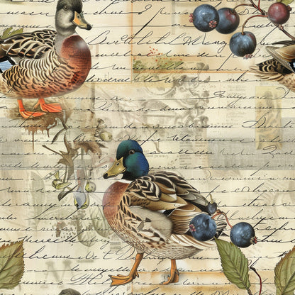 mallard ducks, waterfowl, vintage script, handwritten text, blueberries, botanical elements, brown tones, blue green, orange feet, detailed illustration, quilting cotton, fabric panel, nature scene, watercolor style, rustic charm, farm animals, berry branches, natural history, muted colors, ornithology