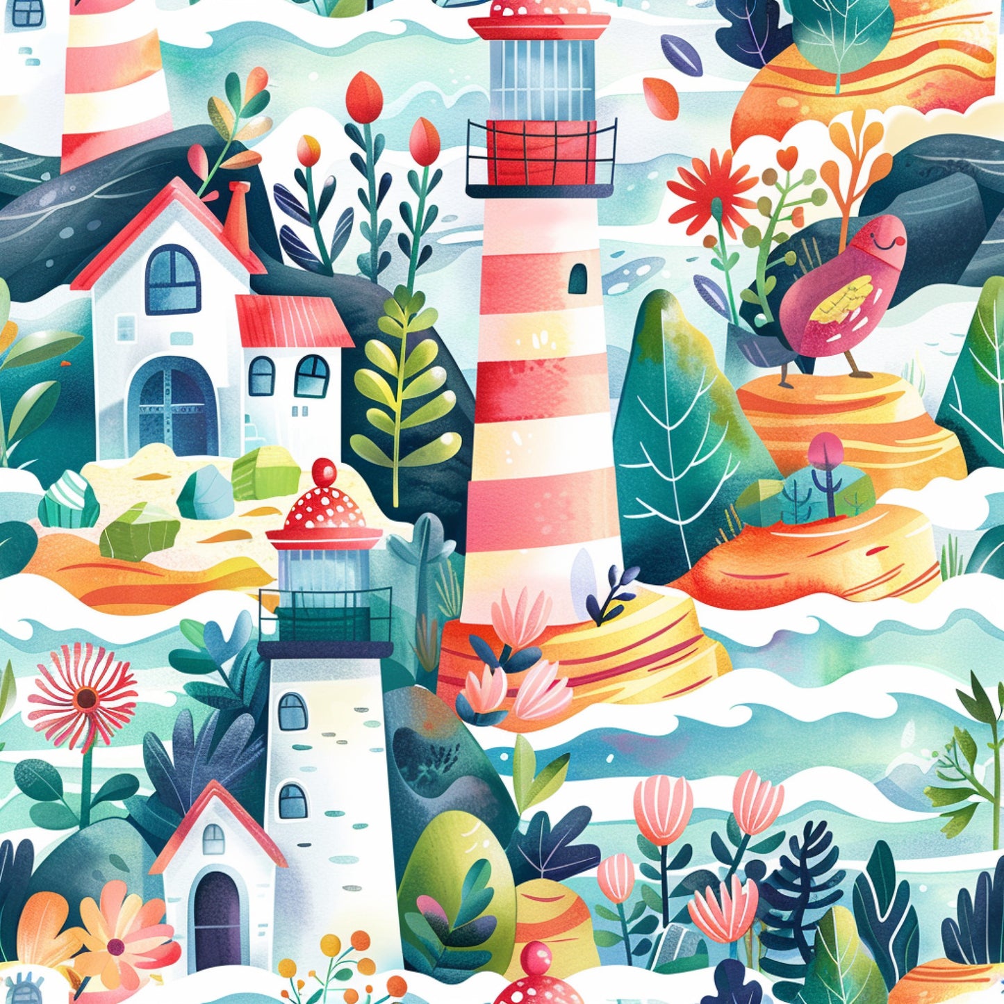 springtime lighthouse, coastal scene, watercolor style, quilting cotton, fabric panel, coral pink, teal blue, sage green, navy blue, orange accents, lighthouse tower, seaside houses, tropical birds, botanical florals, whimsical illustration, modern art style, ocean waves, layered landscape, bright colors, cheerful mood