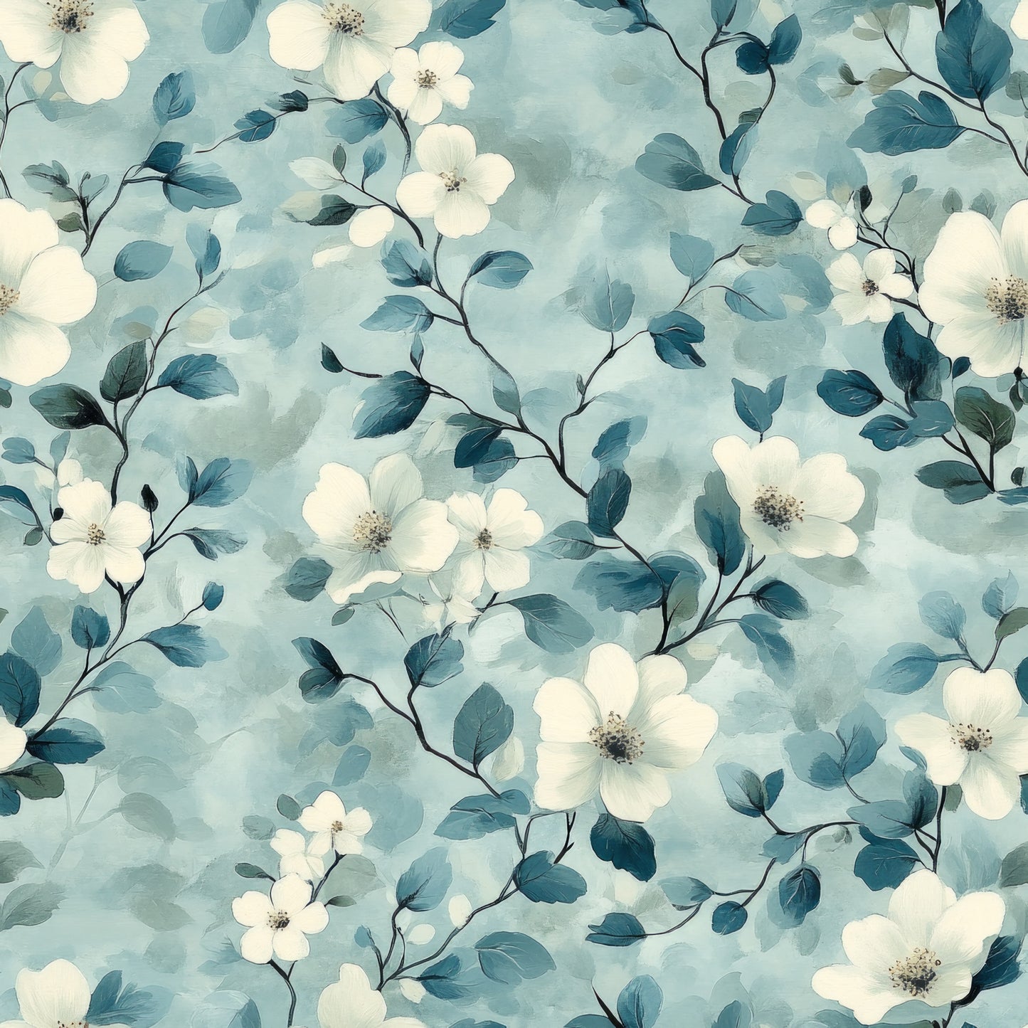 cornflower blue, soft blue, cream white, watercolor style, floral pattern, delicate flowers, botanical design, leafy branches, flowing vines, ethereal mood, dreamy aesthetic, quilting cotton, fabric panel, spring theme, gentle florals, painted effect, romantic pattern, nature motif, seamless design, vintage inspired