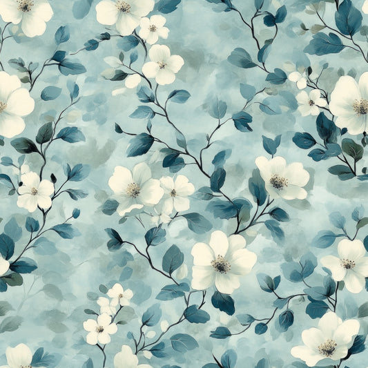 cornflower blue, soft blue, cream white, watercolor style, floral pattern, delicate flowers, botanical design, leafy branches, flowing vines, ethereal mood, dreamy aesthetic, quilting cotton, fabric panel, spring theme, gentle florals, painted effect, romantic pattern, nature motif, seamless design, vintage inspired