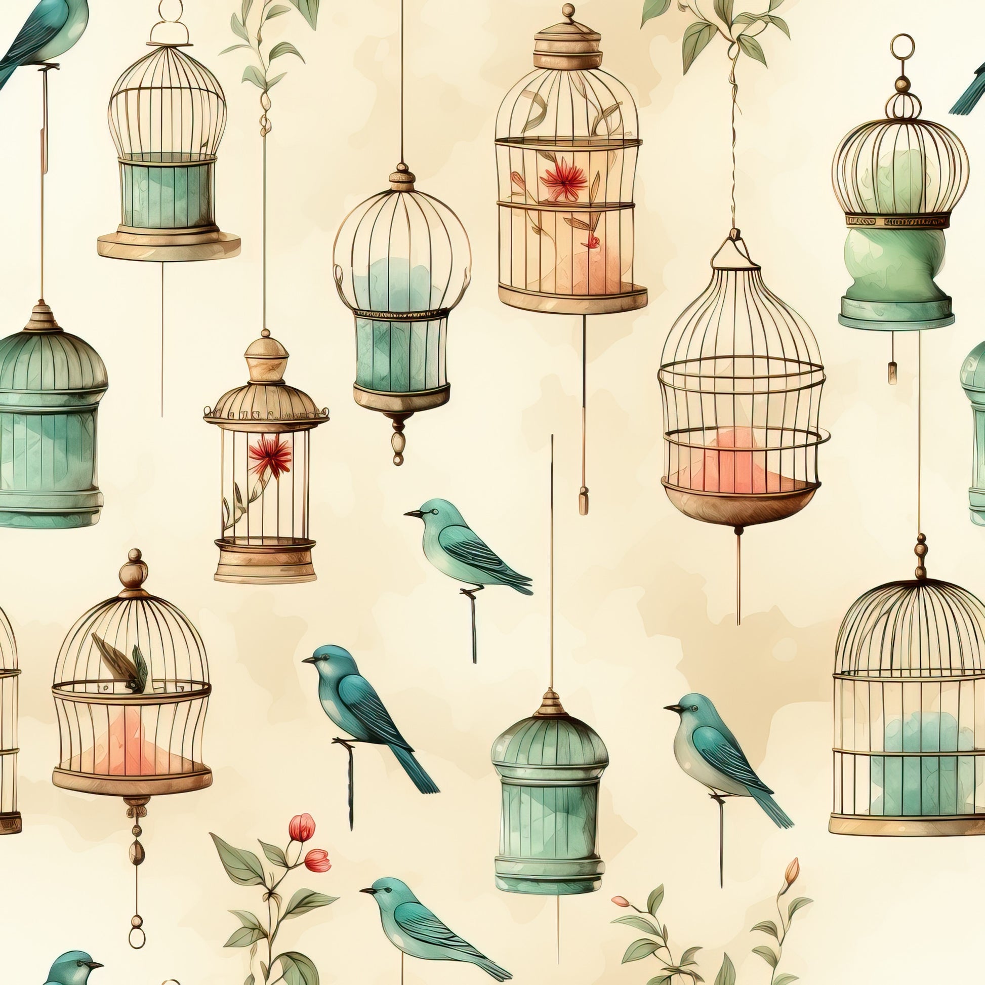 vintage birdcages, quilting cotton, fabric panel, turquoise birds, sage green, coral pink, cream background, hanging cages, botanical elements, whimsical pattern, decorative birdcages, small songbirds, floral accents, soft pastels, ornate cage designs, nature motif, delicate illustration, seamless repeat, crafting fabric, vintage style