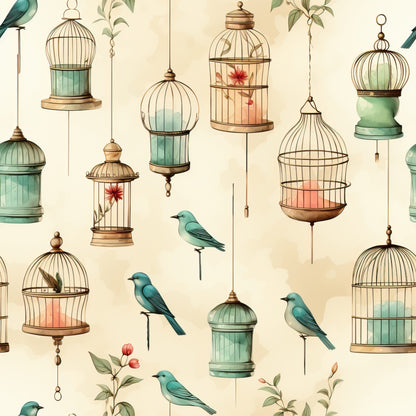 vintage birdcages, quilting cotton, fabric panel, turquoise birds, sage green, coral pink, cream background, hanging cages, botanical elements, whimsical pattern, decorative birdcages, small songbirds, floral accents, soft pastels, ornate cage designs, nature motif, delicate illustration, seamless repeat, crafting fabric, vintage style