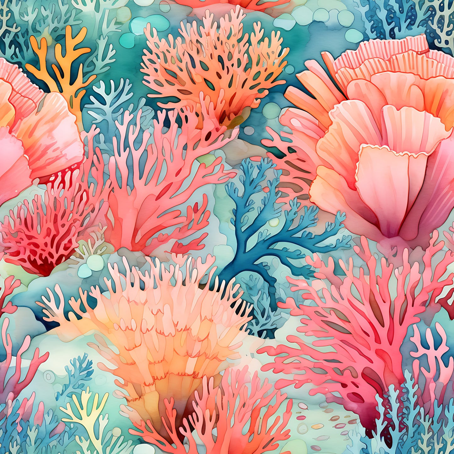coral reef, underwater scene, ocean life, sea coral, pink coral, orange coral, blue coral, teal water, marine ecosystem, tropical colors, watercolor style, aquatic pattern, quilting cotton, fabric panel, vibrant colors, coral polyps, sea anemone, underwater garden, ocean floor, coastal theme