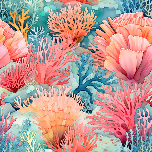 coral reef, underwater scene, ocean life, sea coral, pink coral, orange coral, blue coral, teal water, marine ecosystem, tropical colors, watercolor style, aquatic pattern, quilting cotton, fabric panel, vibrant colors, coral polyps, sea anemone, underwater garden, ocean floor, coastal theme