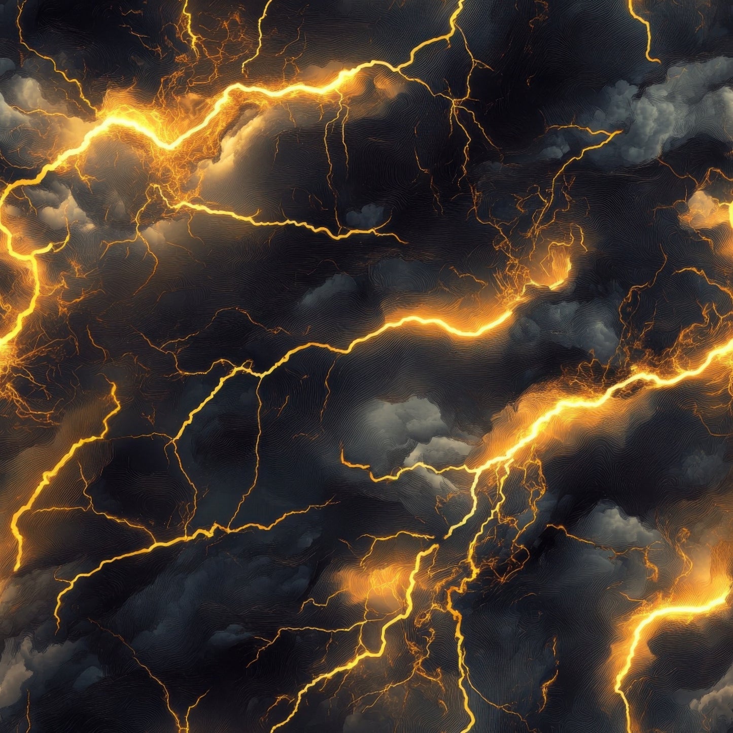 golden yellow, bright orange, dark navy, storm clouds, lightning bolts, thunderstorm, electrical discharge, dramatic sky, stormy weather, quilting cotton, fabric panel, nature scene, powerful energy, illuminated clouds, jagged lightning, atmospheric, moody sky, electric patterns, weather phenomenon, cotton fabric