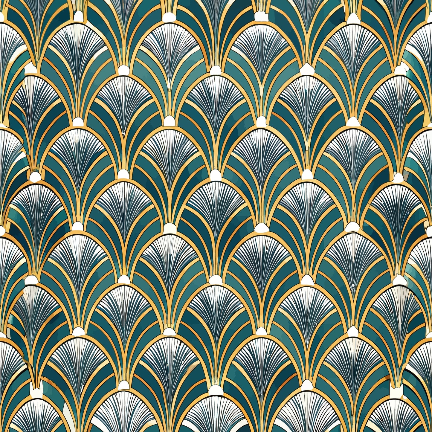 art deco, geometric pattern, fan motifs, emerald green, gold accents, black details, white highlights, repeating design, vintage style, luxurious, ornamental, decorative motifs, scale pattern, overlapping fans, quilting cotton, fabric panel, 1920s inspired, elegant design, symmetrical pattern, radial lines