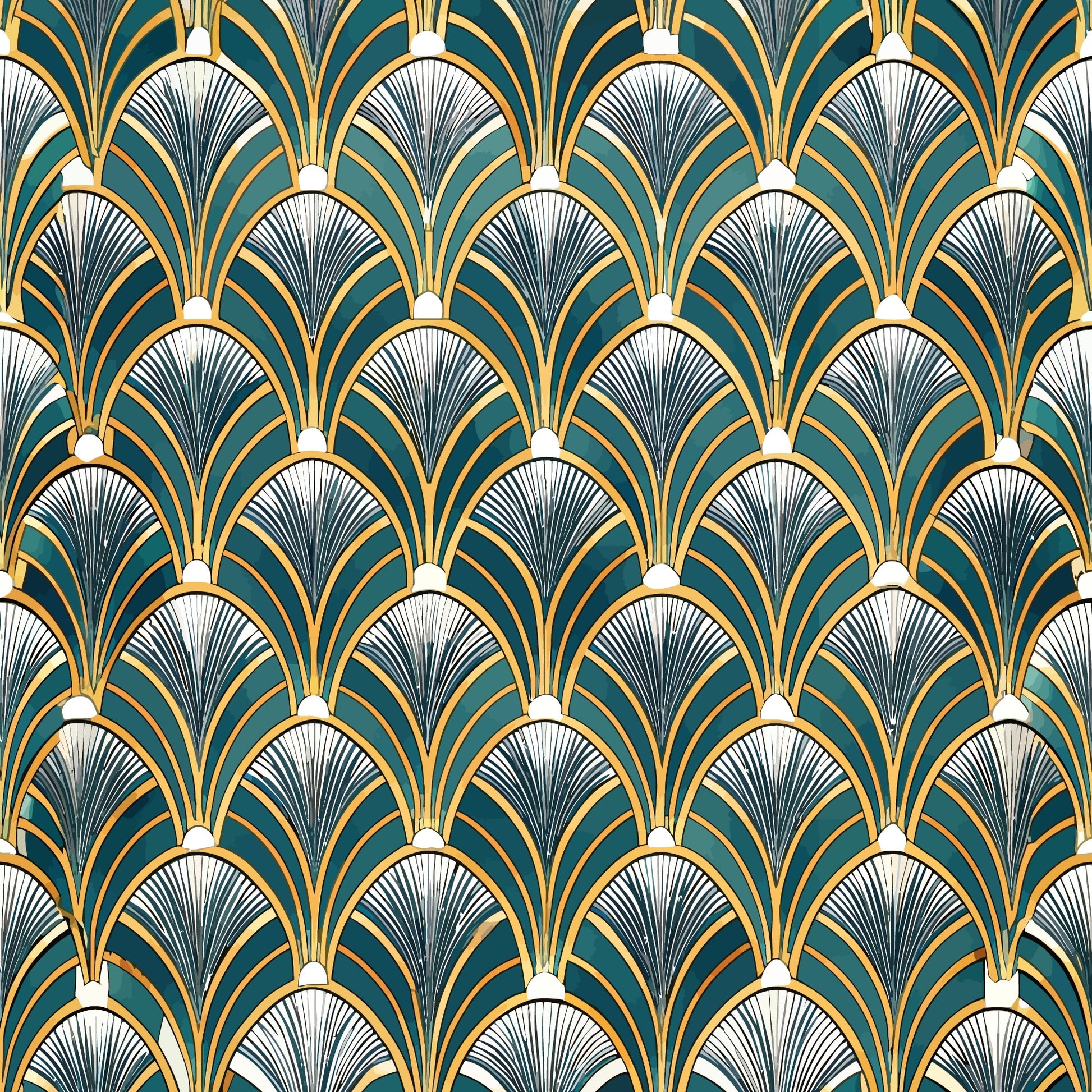 art deco, geometric pattern, fan motifs, emerald green, gold accents, black details, white highlights, repeating design, vintage style, luxurious, ornamental, decorative motifs, scale pattern, overlapping fans, quilting cotton, fabric panel, 1920s inspired, elegant design, symmetrical pattern, radial lines