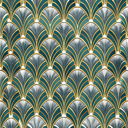 art deco, geometric pattern, fan motifs, emerald green, gold accents, black details, white highlights, repeating design, vintage style, luxurious, ornamental, decorative motifs, scale pattern, overlapping fans, quilting cotton, fabric panel, 1920s inspired, elegant design, symmetrical pattern, radial lines