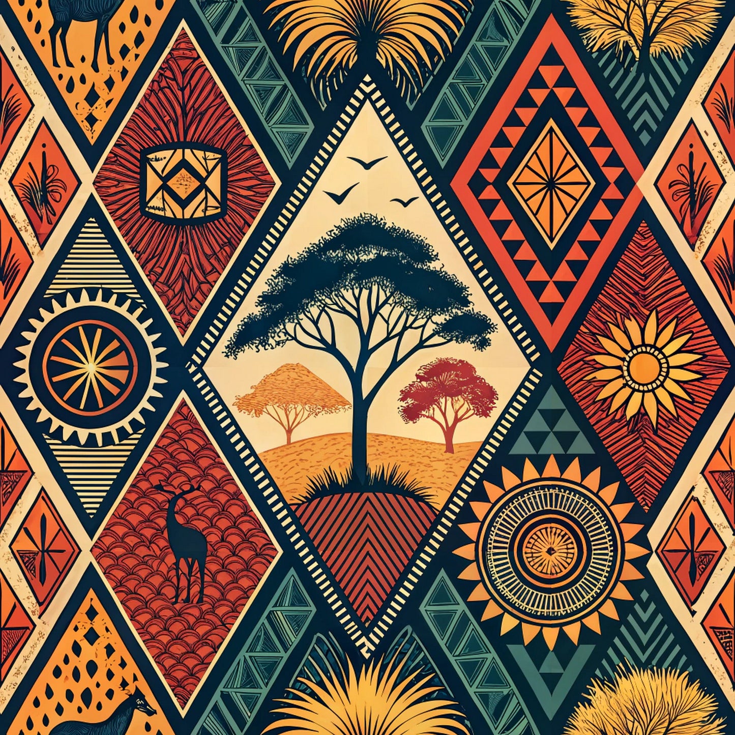 african tribal, geometric patterns, diamond shapes, triangular motifs, orange, rust red, teal, cream, navy blue, acacia trees, savanna landscape, birds silhouettes, palm fronds, circular mandalas, chevron stripes, quilting cotton, fabric panel, ethnic design, warm earth tones, stylized nature