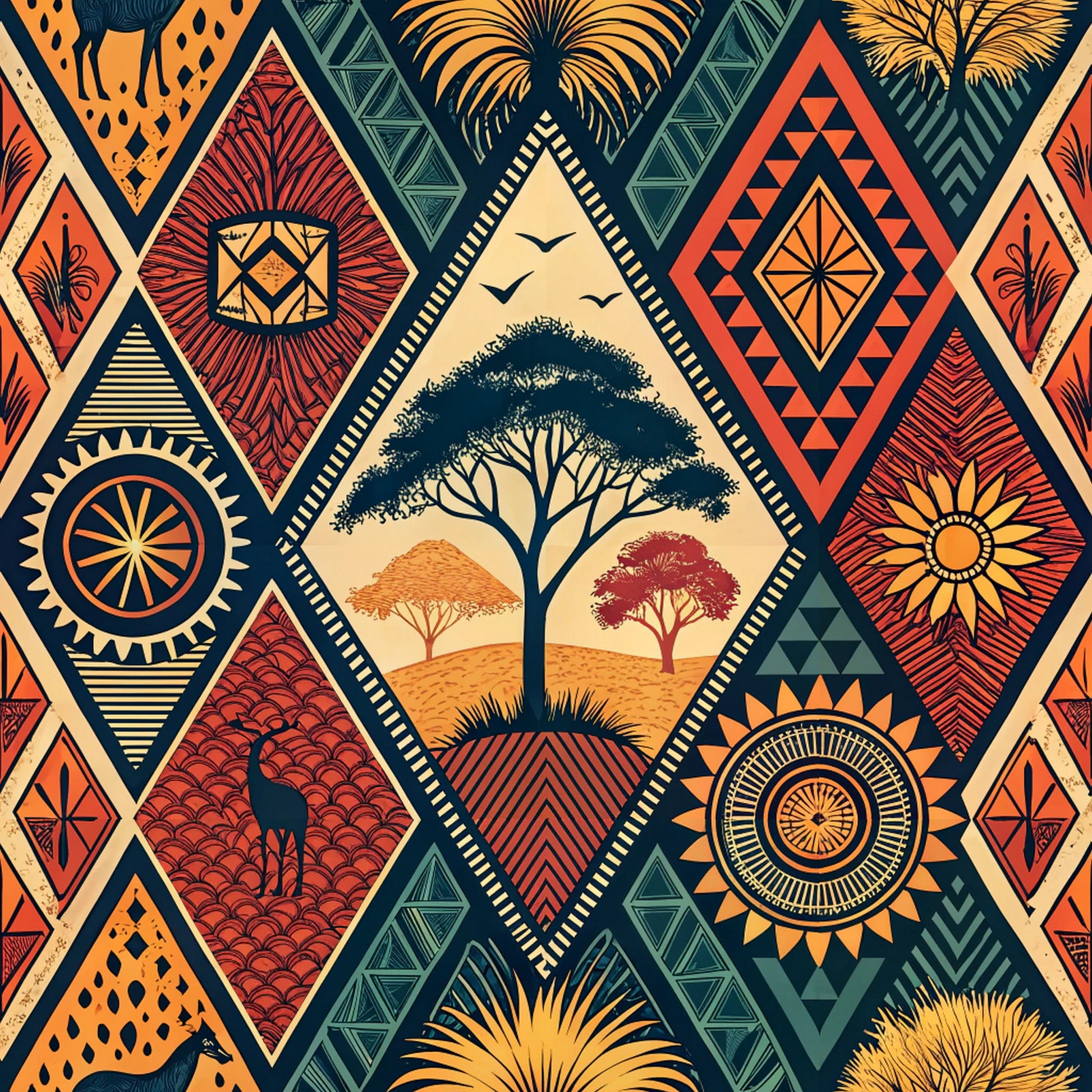 african tribal, geometric patterns, diamond shapes, triangular motifs, orange, rust red, teal, cream, navy blue, acacia trees, savanna landscape, birds silhouettes, palm fronds, circular mandalas, chevron stripes, quilting cotton, fabric panel, ethnic design, warm earth tones, stylized nature