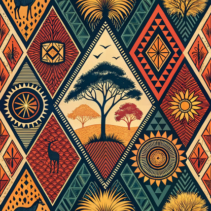 african tribal, geometric patterns, diamond shapes, triangular motifs, orange, rust red, teal, cream, navy blue, acacia trees, savanna landscape, birds silhouettes, palm fronds, circular mandalas, chevron stripes, quilting cotton, fabric panel, ethnic design, warm earth tones, stylized nature