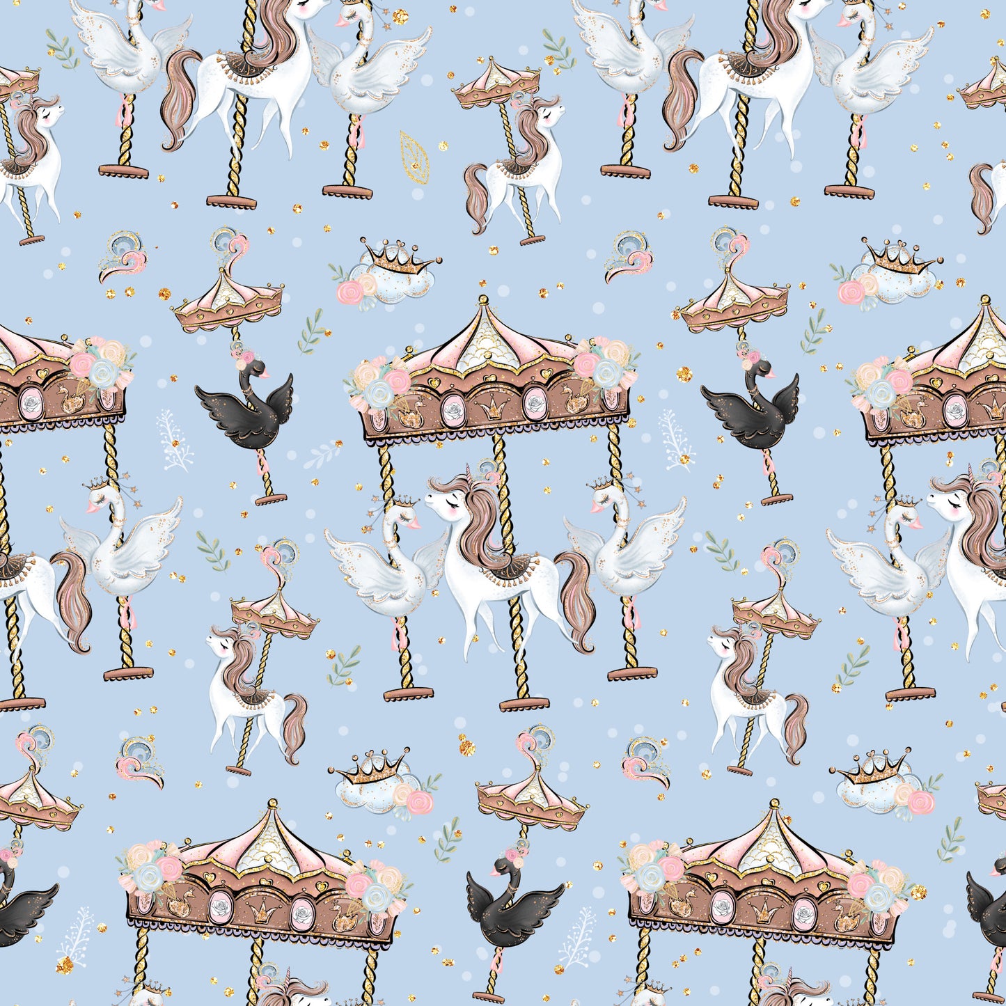 soft blue background, unicorns, carousel horses, merry-go-round, whimsical pattern, pastel colors, pink accents, brown details, white unicorns, flying birds, crowns, swings, dreamy atmosphere, fantasy theme, children's fabric, quilting cotton, repeating pattern, magical creatures, fairytale motifs, nursery fabric