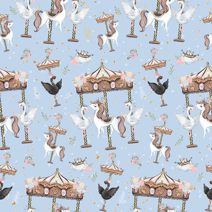 soft blue background, unicorns, carousel horses, merry-go-round, whimsical pattern, pastel colors, pink accents, brown details, white unicorns, flying birds, crowns, swings, dreamy atmosphere, fantasy theme, children's fabric, quilting cotton, repeating pattern, magical creatures, fairytale motifs, nursery fabric