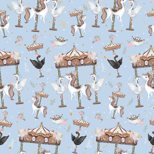 soft blue background, unicorns, carousel horses, merry-go-round, whimsical pattern, pastel colors, pink accents, brown details, white unicorns, flying birds, crowns, swings, dreamy atmosphere, fantasy theme, children's fabric, quilting cotton, repeating pattern, magical creatures, fairytale motifs, nursery fabric