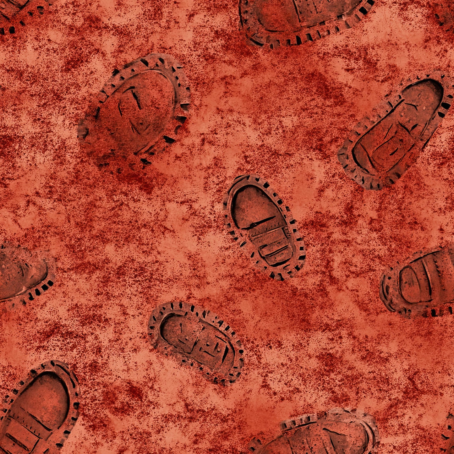 red, rust colored, orange, boot prints, footprints, western boots, cowboy boots, dusty ground, desert sand, western theme, ranch life, cowboy culture, quilting cotton, fabric panel, textured surface, scattered pattern, outdoor adventure, rustic style, earthy tones, southwestern design