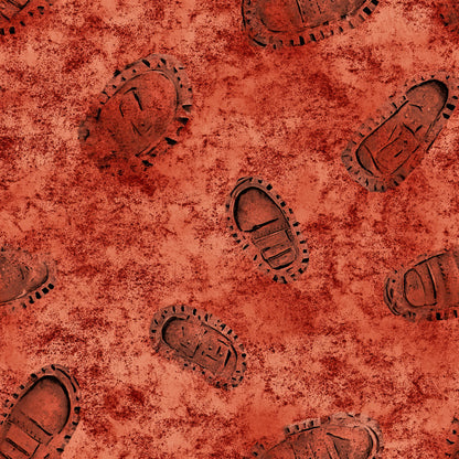 red, rust colored, orange, boot prints, footprints, western boots, cowboy boots, dusty ground, desert sand, western theme, ranch life, cowboy culture, quilting cotton, fabric panel, textured surface, scattered pattern, outdoor adventure, rustic style, earthy tones, southwestern design