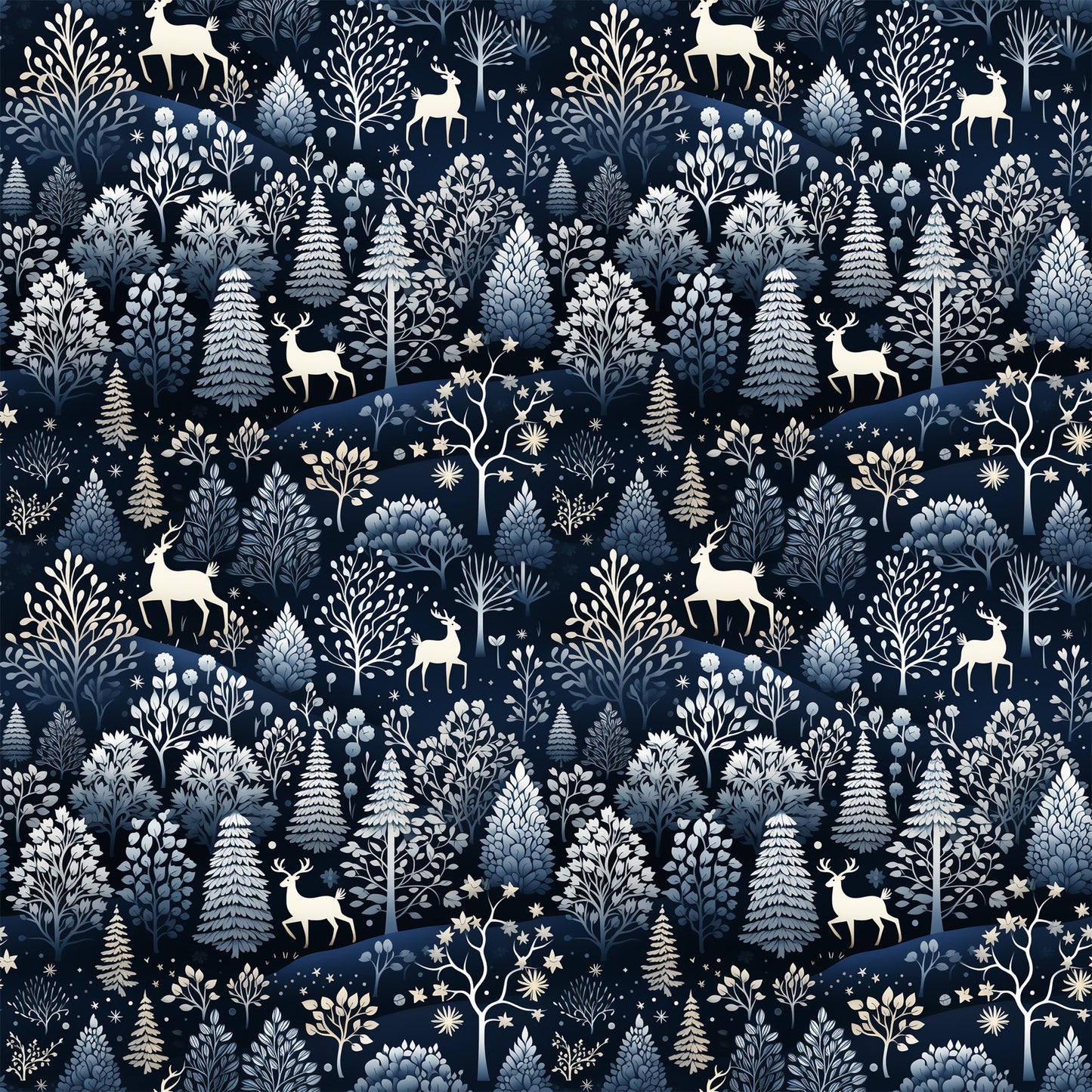 delft blue, navy background, winter forest, deer silhouettes, evergreen trees, pine trees, botanical motifs, folk art style, scandinavian design, quilting cotton, fabric panel, winter wonderland, woodland creatures, snowflakes, starry night, monochromatic blue, nature pattern, whimsical illustration, crafting material