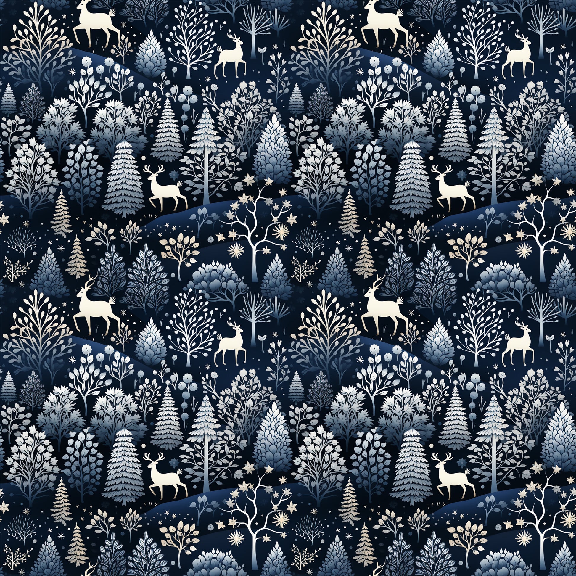 delft blue, navy background, winter forest, deer silhouettes, evergreen trees, pine trees, botanical motifs, folk art style, scandinavian design, quilting cotton, fabric panel, winter wonderland, woodland creatures, snowflakes, starry night, monochromatic blue, nature pattern, whimsical illustration, crafting material