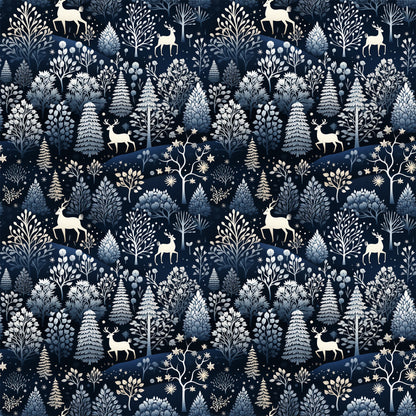 delft blue, navy background, winter forest, deer silhouettes, evergreen trees, pine trees, botanical motifs, folk art style, scandinavian design, quilting cotton, fabric panel, winter wonderland, woodland creatures, snowflakes, starry night, monochromatic blue, nature pattern, whimsical illustration, crafting material