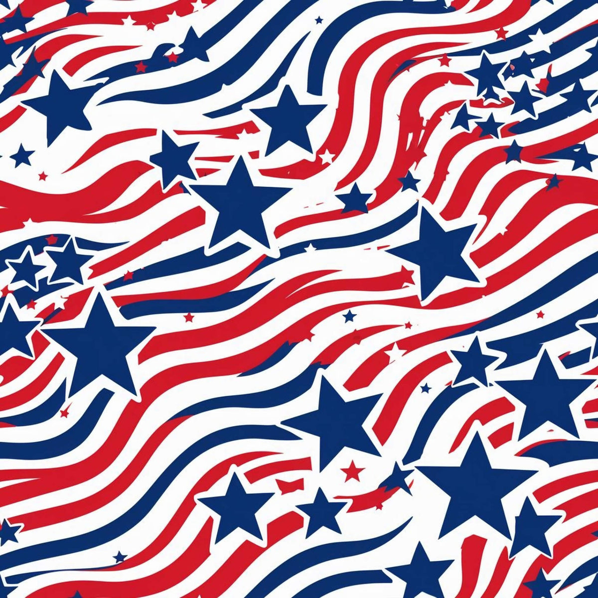 red, white, blue, patriotic, stars, swirls, flowing stripes, americana, quilting cotton, fabric panel, fourth of july, independence day, dynamic movement, curved lines, festive, national colors, star pattern, wavy stripes, cotton fabric, celebratory