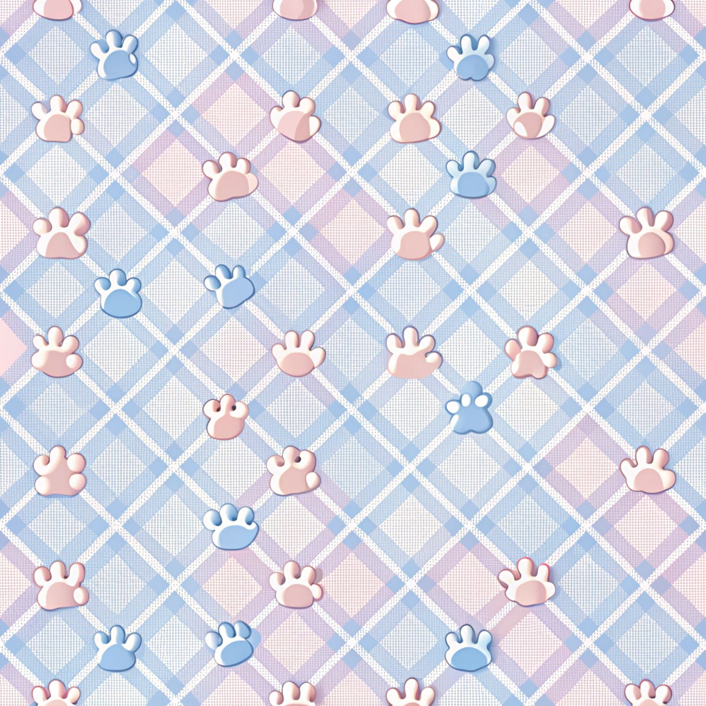 dog paws, paw prints, pastel blue, soft pink, lavender purple, white, diamond pattern, checkered background, plaid design, quilting cotton, fabric panel, pet themed, cute animals, nursery fabric, baby quilt, soft colors, geometric shapes, repeating pattern, crafting material, sewing fabric