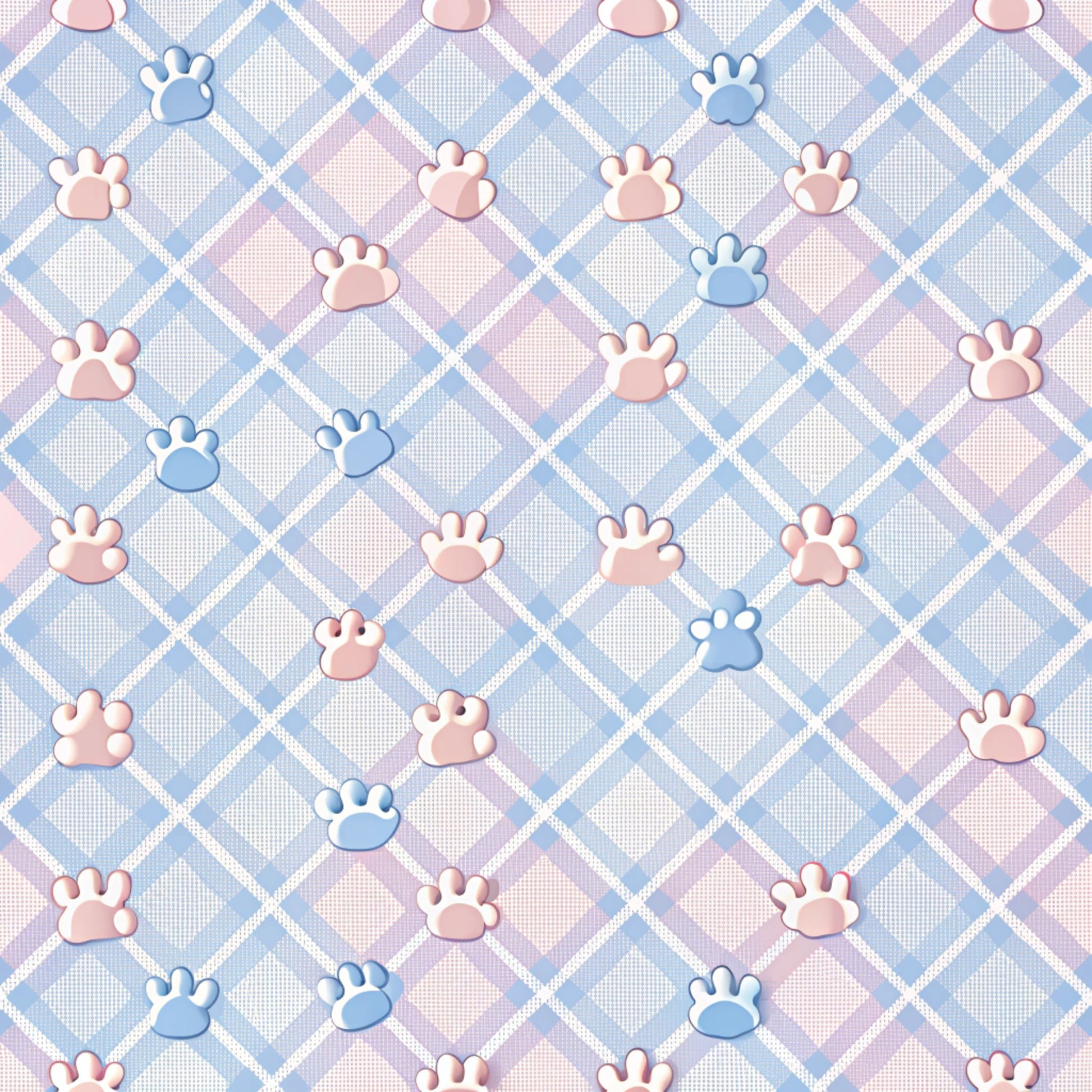 dog paws, paw prints, pastel blue, soft pink, lavender purple, white, diamond pattern, checkered background, plaid design, quilting cotton, fabric panel, pet themed, cute animals, nursery fabric, baby quilt, soft colors, geometric shapes, repeating pattern, crafting material, sewing fabric