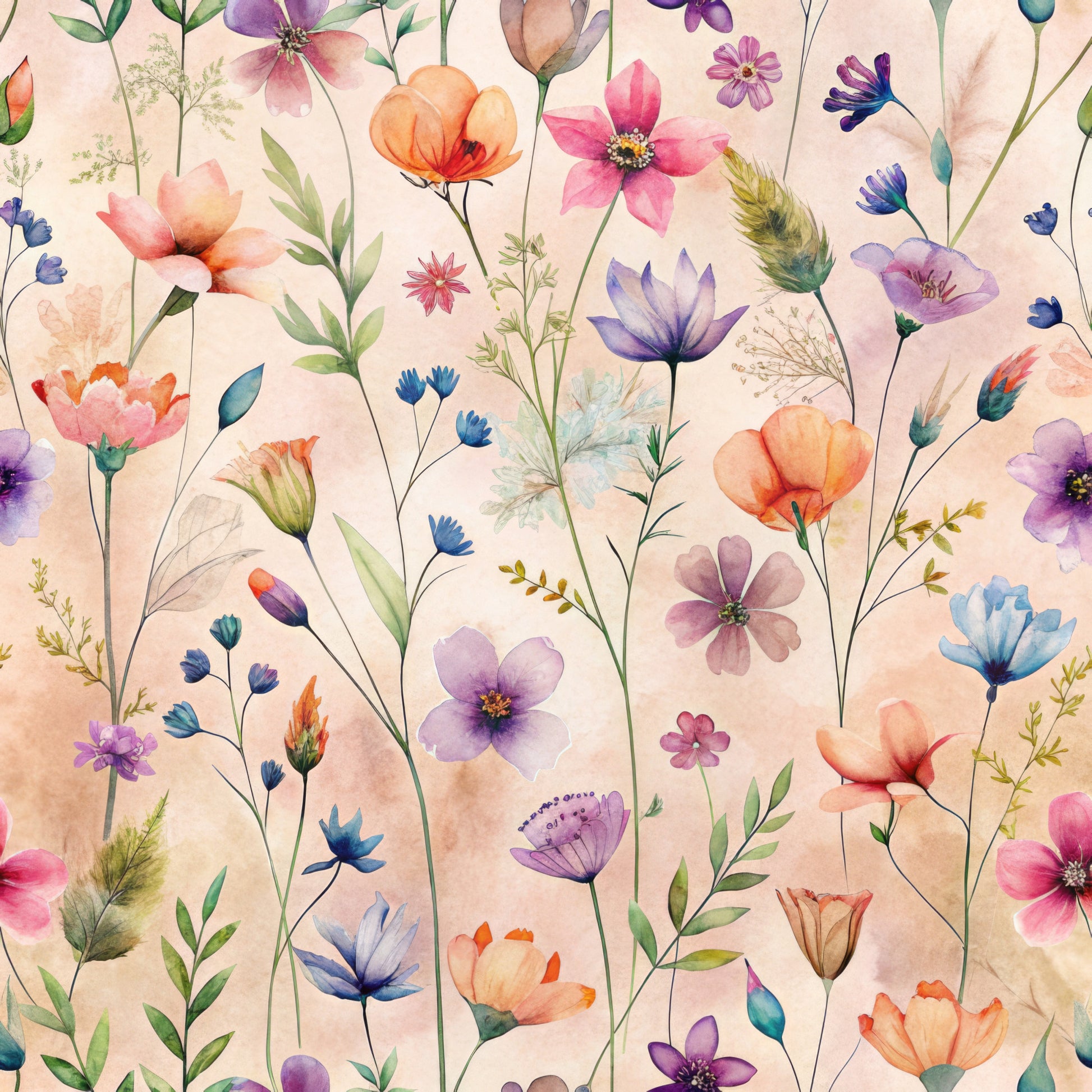 watercolor flowers, wildflowers, botanical pattern, pastel pink, coral orange, lavender purple, soft blue, sage green, delicate stems, meadow flowers, whimsical florals, quilting cotton, fabric panel, spring blooms, feminine design, scattered florals, translucent petals, garden botanicals, crafting material, soft background